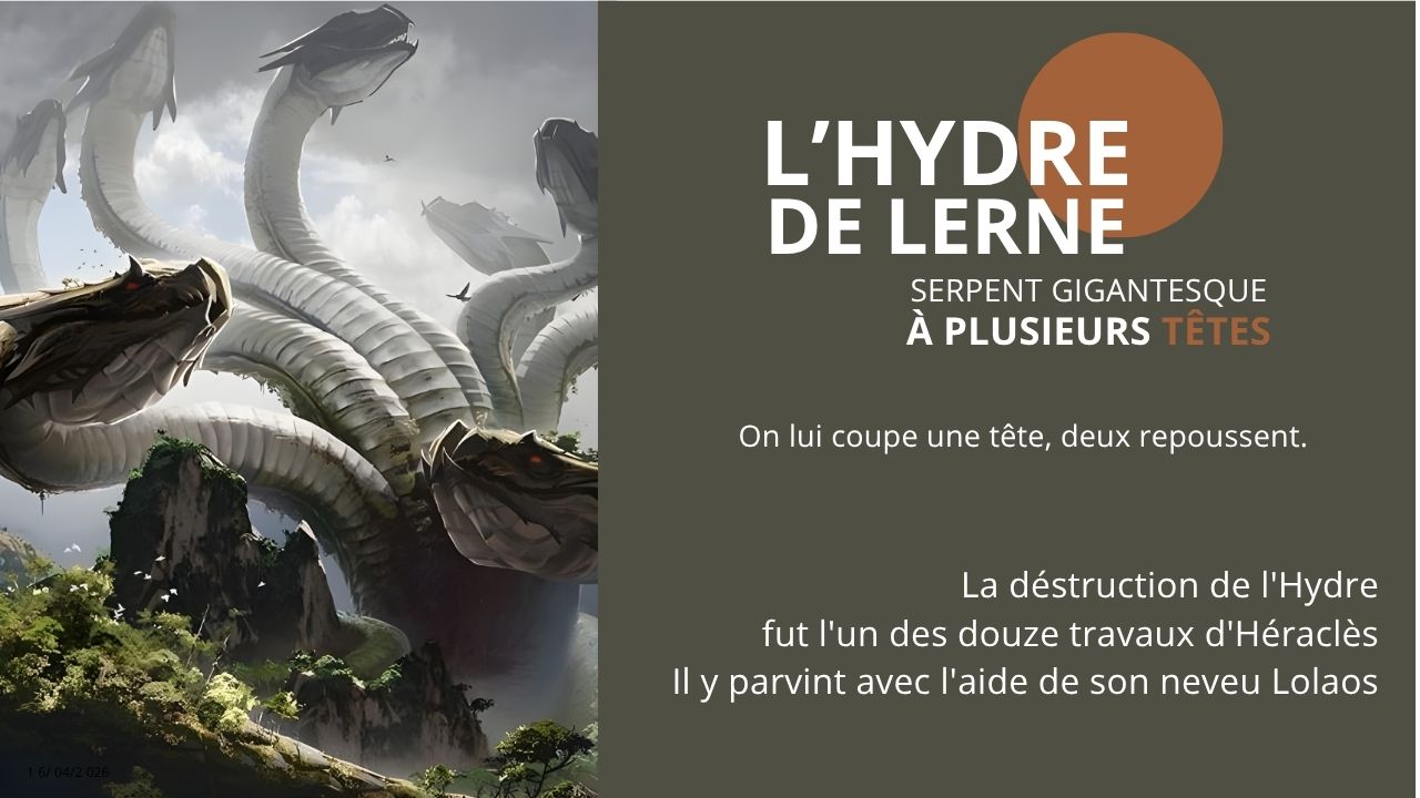 Hydre blanche aux multiples cous dressés au-dessus d'un paysage rocheux et nuageux, prête à attaquer.